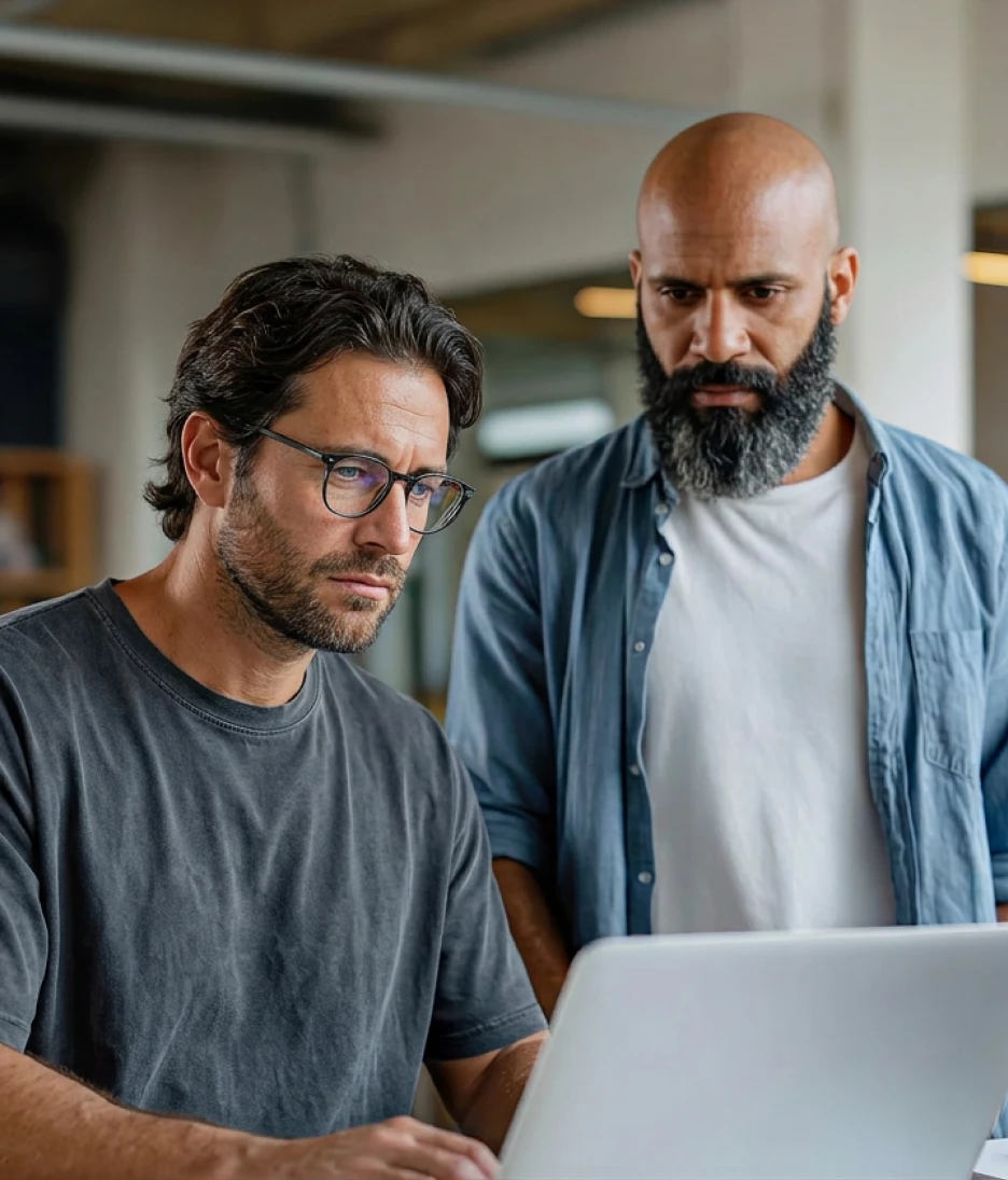 Two cybersecurity professionals reviewing security data on a laptop in a modern office.